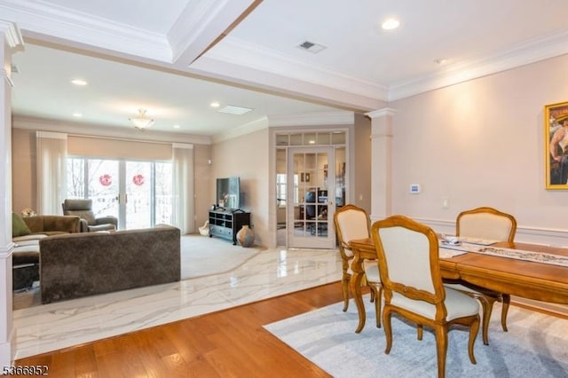 8202 Westover Way Unit 8202, Franklin Twp, NJ 08873 - dining space featuring recessed lighting, crown molding, and decorative columns