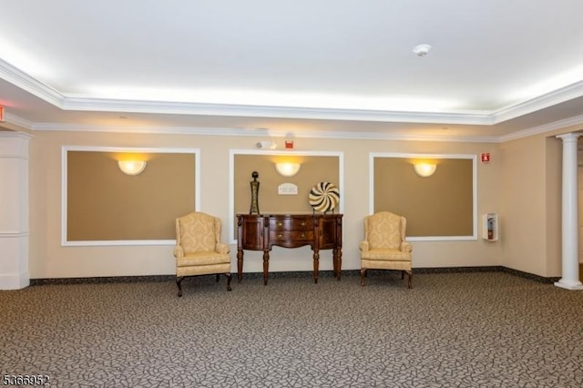8202 Westover Way Unit 8202, Franklin Twp, NJ 08873 - living area featuring decorative columns, crown molding, carpet floors, and a tray ceiling