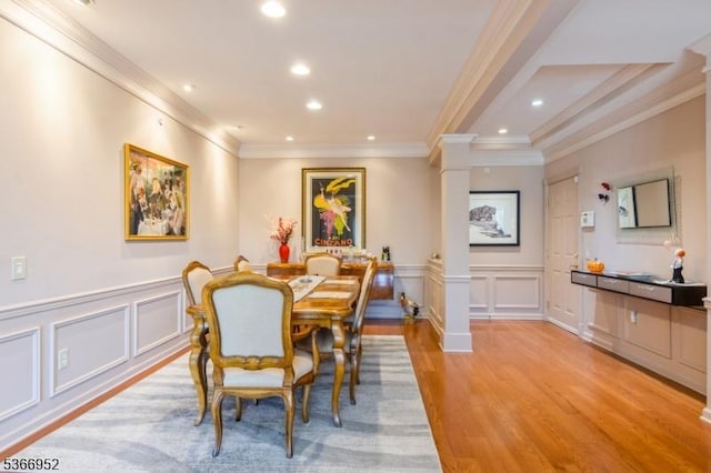 8202 Westover Way Unit 8202, Franklin Twp, NJ 08873 - dining space with decorative columns, light wood finished floors, ornamental molding, a decorative wall, and recessed lighting