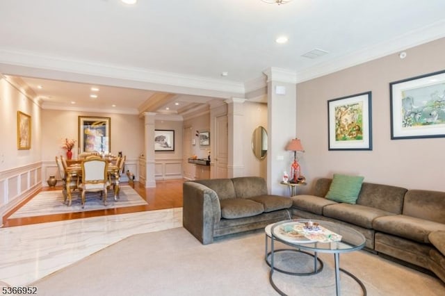 8202 Westover Way Unit 8202, Franklin Twp, NJ 08873 - living area with a decorative wall, ornamental molding, recessed lighting, ornate columns, and wainscoting