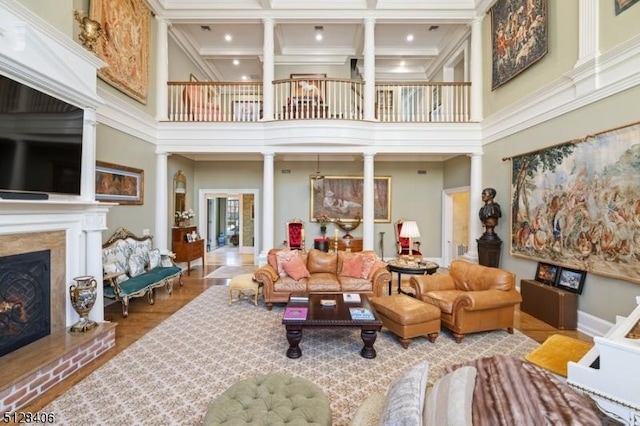 141 Mountaintop Rd, Bernardsville Boro, NJ 07924 - community lobby featuring a high ceiling, coffered ceiling, beamed ceiling, crown molding, and recessed lighting