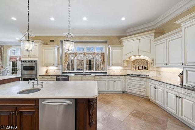 141 Mountaintop Rd, Bernardsville Boro, NJ 07924 - kitchen with appliances with stainless steel finishes, backsplash, hanging light fixtures, custom range hood, and light countertops