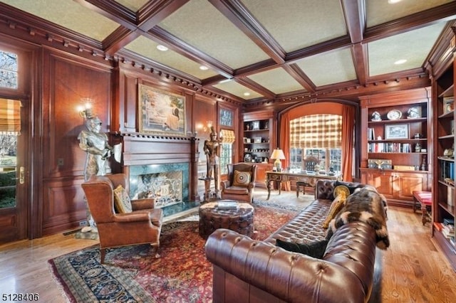 141 Mountaintop Rd, Bernardsville Boro, NJ 07924 - living area featuring ornamental molding, coffered ceiling, built in shelves, wood finished floors, and beam ceiling