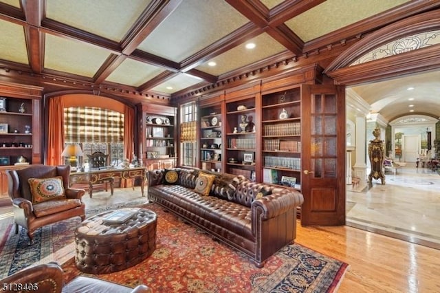 141 Mountaintop Rd, Bernardsville Boro, NJ 07924 - living area featuring coffered ceiling, ornamental molding, beam ceiling, decorative columns, and recessed lighting