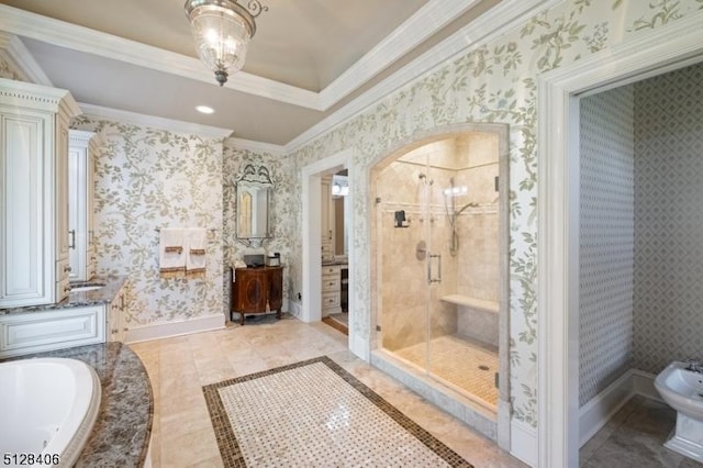 141 Mountaintop Rd, Bernardsville Boro, NJ 07924 - bathroom featuring a bidet, a shower stall, vanity, a bath, and crown molding
