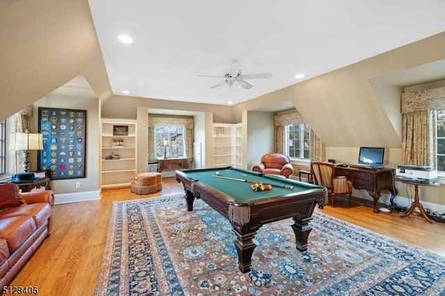 141 Mountaintop Rd, Bernardsville Boro, NJ 07924 - playroom featuring wood finished floors, pool table, a ceiling fan, built in shelves, and vaulted ceiling