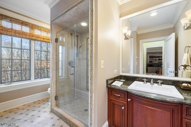 141 Mountaintop Rd, Bernardsville Boro, NJ 07924 - full bathroom with vanity, crown molding, a stall shower, and tile patterned floors