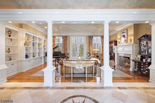 141 Mountaintop Rd, Bernardsville Boro, NJ 07924 - living area with inlaid floor details, ornamental molding, a lit fireplace, recessed lighting, and built in features