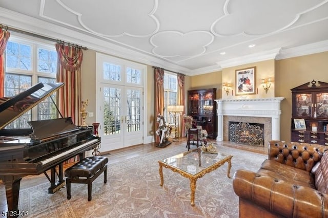 141 Mountaintop Rd, Bernardsville Boro, NJ 07924 - living area with ornamental molding, plenty of natural light, a fireplace, recessed lighting, and french doors