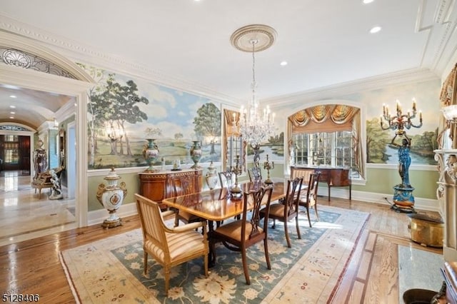 141 Mountaintop Rd, Bernardsville Boro, NJ 07924 - dining room with a chandelier, wood finished floors, crown molding, and recessed lighting