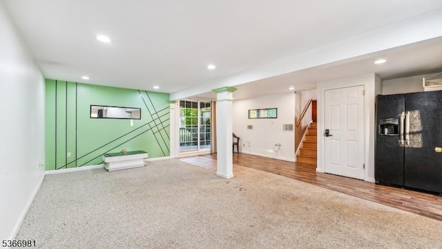 32 Washington Ave, Edgewater Park Twp, NJ 08010 - below grade area with black fridge, carpet floors, stairway, and recessed lighting