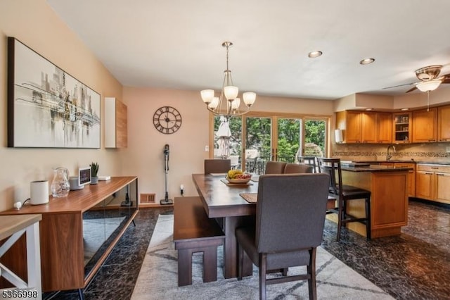 23 Midway Ct, Rockaway Twp, NJ 07866 - dining area with a chandelier, a ceiling fan, and recessed lighting