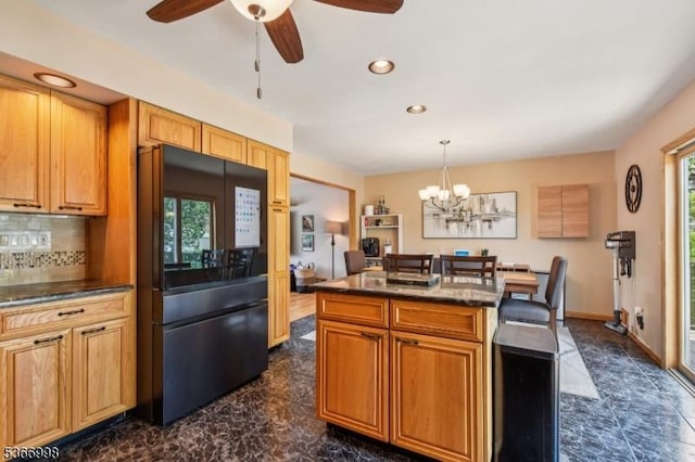 23 Midway Ct, Rockaway Twp, NJ 07866 - kitchen with freestanding refrigerator, healthy amount of natural light, a kitchen island, a ceiling fan, and recessed lighting