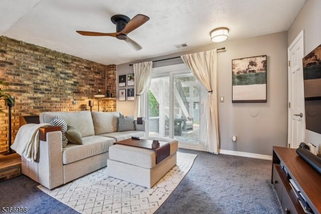 23 Midway Ct, Rockaway Twp, NJ 07866 - carpeted living area featuring ceiling fan and brick wall