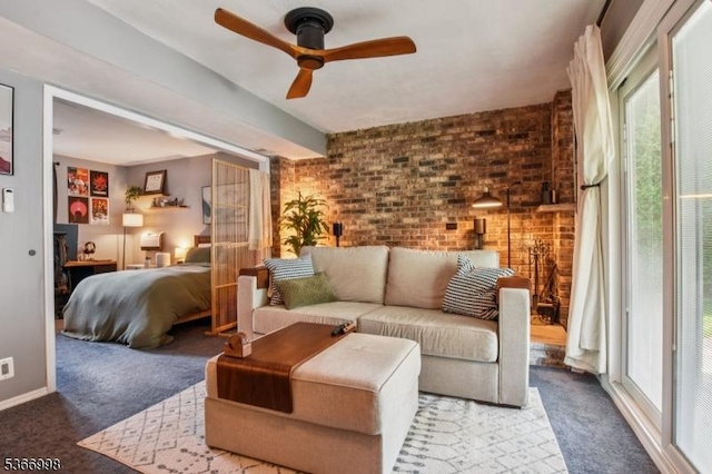 23 Midway Ct, Rockaway Twp, NJ 07866 - carpeted living area with healthy amount of natural light, a ceiling fan, and brick wall