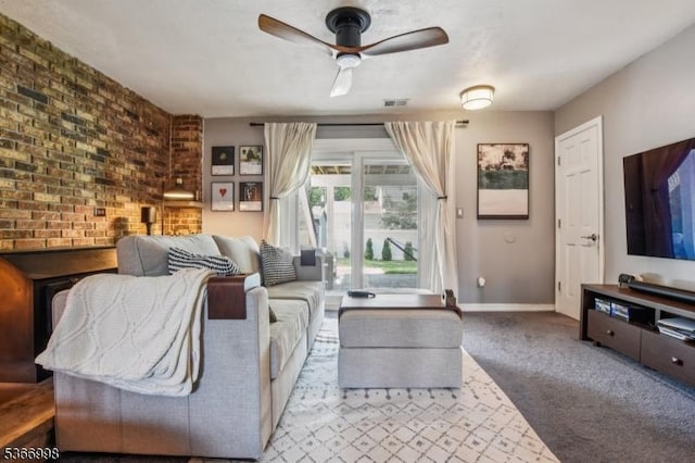 23 Midway Ct, Rockaway Twp, NJ 07866 - living room with ceiling fan, carpet flooring, and brick wall
