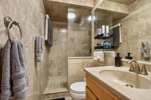 23 Midway Ct, Rockaway Twp, NJ 07866 - bathroom featuring tile walls, vanity, and walk in shower