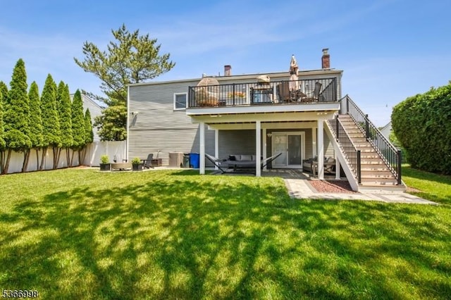 23 Midway Ct, Rockaway Twp, NJ 07866 - rear view of property with stairs, a wooden deck, a patio area, and a chimney