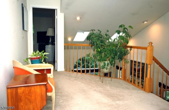 25 Watchung Trl, Branchburg Twp, NJ 08876 - hall featuring carpet flooring, a skylight, and an upstairs landing
