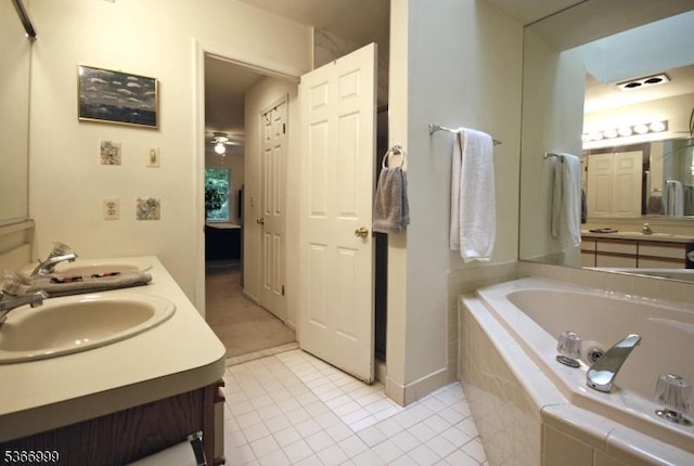 25 Watchung Trl, Branchburg Twp, NJ 08876 - full bath featuring a bath, double vanity, tile patterned floors, and a ceiling fan