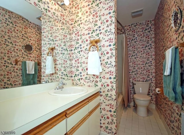 25 Watchung Trl, Branchburg Twp, NJ 08876 - bathroom with wallpapered walls, vanity, tile patterned flooring, and shower / bath combo