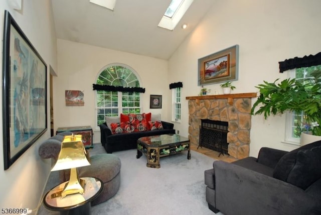 25 Watchung Trl, Branchburg Twp, NJ 08876 - living area with a skylight, high vaulted ceiling, a fireplace, and carpet flooring