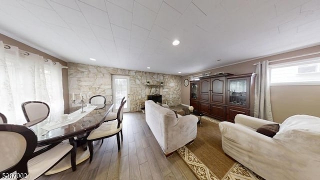 979 Lorraine Ave, Union Twp, NJ 07083 - living room with hardwood / wood-style floors, plenty of natural light, a fireplace, ornamental molding, and recessed lighting
