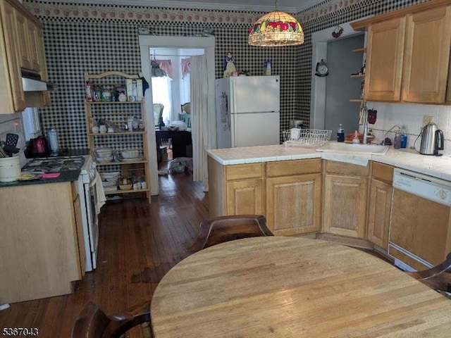 43 Main St, Hampton Boro, NJ 08827 - kitchen with white appliances, a peninsula, hardwood / wood-style flooring, open shelves, and light countertops