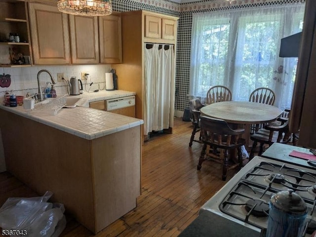 43 Main St, Hampton Boro, NJ 08827 - kitchen featuring white dishwasher, wood-type flooring, tile counters, tasteful backsplash, and open shelves