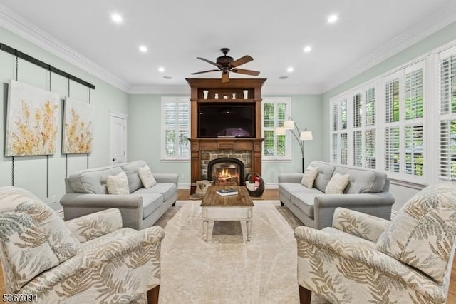 1 Bates Way, Westfield Town, NJ 07090 - living area with a ceiling fan, recessed lighting, wood finished floors, healthy amount of natural light, and crown molding