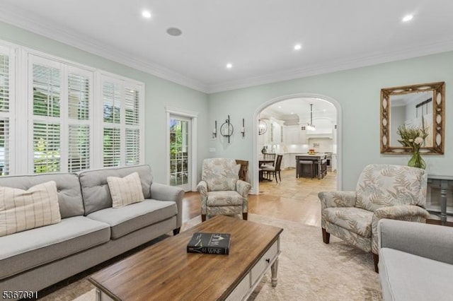 1 Bates Way, Westfield Town, NJ 07090 - living area with arched walkways, recessed lighting, and crown molding