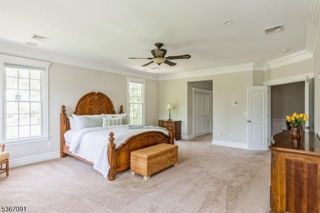 1 Bates Way, Westfield Town, NJ 07090 - bedroom featuring light colored carpet, ornamental molding, a closet, and ceiling fan