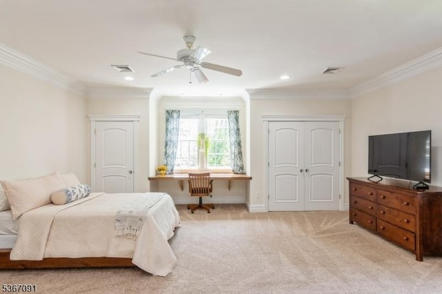 1 Bates Way, Westfield Town, NJ 07090 - bedroom with ornamental molding, carpet flooring, a desk, a ceiling fan, and recessed lighting