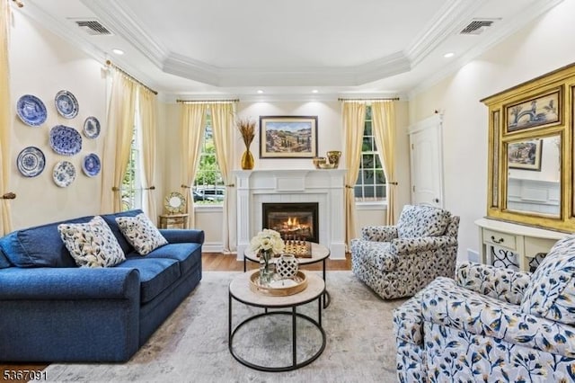 1 Bates Way, Westfield Town, NJ 07090 - living room featuring wood finished floors, a fireplace, a raised ceiling, ornamental molding, and recessed lighting