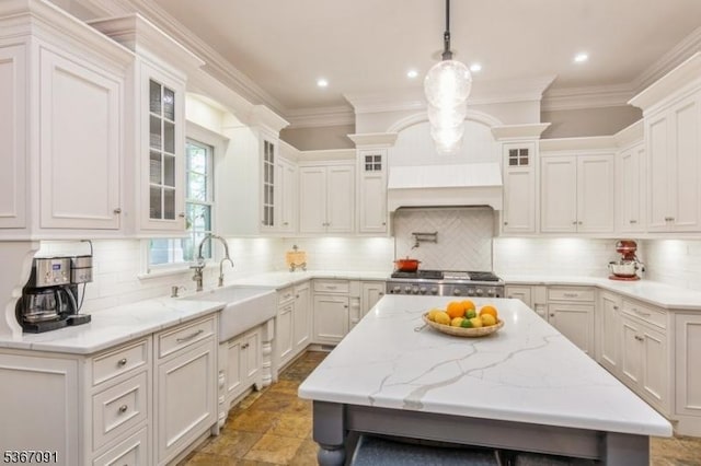 1 Bates Way, Westfield Town, NJ 07090 - kitchen featuring ornamental molding, backsplash, light stone counters, glass insert cabinets, and recessed lighting