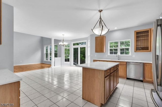 3 Whisper Way, Barnegat Twp, NJ 08005 - kitchen featuring stainless steel appliances, a chandelier, light countertops, light tile patterned floors, and recessed lighting