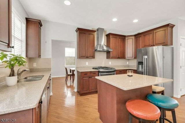 51 Carlisle Rd, Bernards Twp, NJ 07920 - kitchen featuring wall chimney range hood, light wood-type flooring, stainless steel appliances, plenty of natural light, and recessed lighting