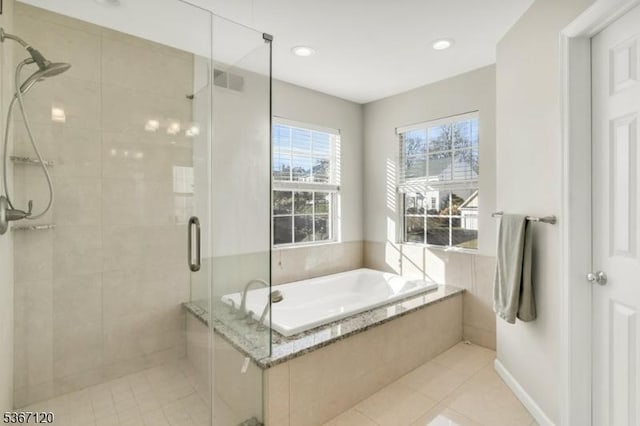 51 Carlisle Rd, Bernards Twp, NJ 07920 - bathroom featuring a stall shower, a garden tub, tile patterned floors, and recessed lighting