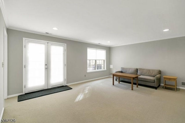 51 Carlisle Rd, Bernards Twp, NJ 07920 - living area featuring light colored carpet, crown molding, and recessed lighting