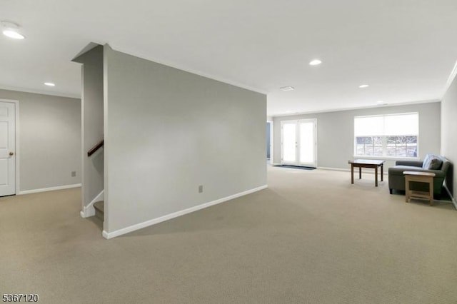 51 Carlisle Rd, Bernards Twp, NJ 07920 - unfurnished living room with light carpet, recessed lighting, and stairs
