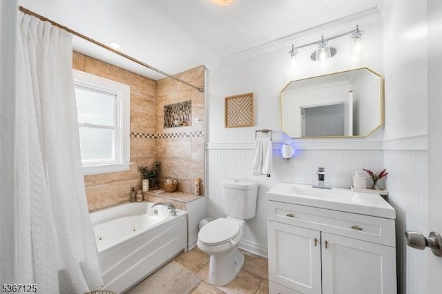 1697 Van Ness Ter, Union Twp, NJ 07083 - full bathroom with vanity, tile patterned flooring, a wainscoted wall, a combined bath / shower with jetted tub, and ornamental molding