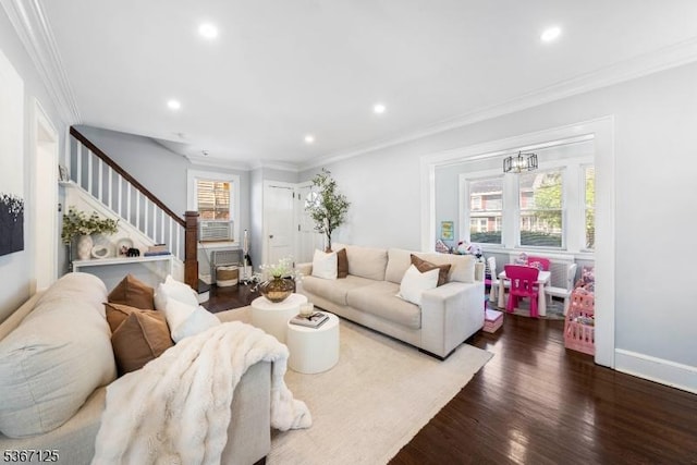 1697 Van Ness Ter, Union Twp, NJ 07083 - living room with stairway, wood finished floors, ornamental molding, and recessed lighting