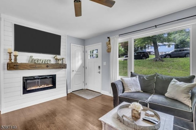 32 Mountain Heights Dr, Byram Twp, NJ 07871 - living area featuring ceiling fan, wood finished floors, and a large fireplace