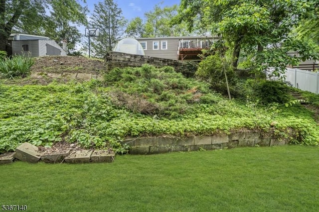 32 Mountain Heights Dr, Byram Twp, NJ 07871 - view of yard featuring a storage shed and a wooden deck