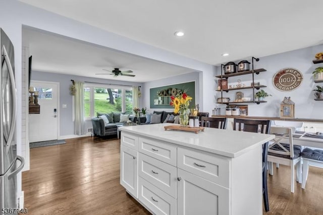 32 Mountain Heights Dr, Byram Twp, NJ 07871 - kitchen with white cabinets, dark wood-style flooring, light countertops, a center island, and open floor plan