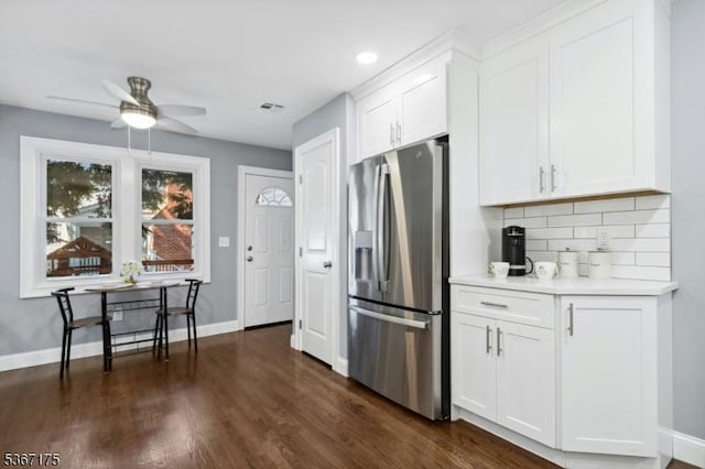 945 Wendy Ct, Union Twp, NJ 07083 - kitchen featuring stainless steel fridge with ice dispenser, decorative backsplash, light countertops, ceiling fan, and white cabinets