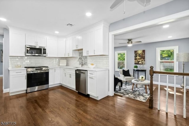 945 Wendy Ct, Union Twp, NJ 07083 - kitchen featuring appliances with stainless steel finishes, ceiling fan, light countertops, plenty of natural light, and recessed lighting