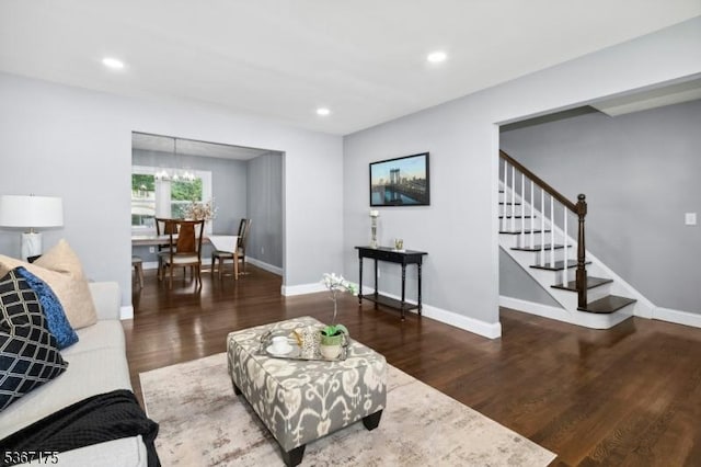 945 Wendy Ct, Union Twp, NJ 07083 - living room featuring wood finished floors, stairway, recessed lighting, and a chandelier