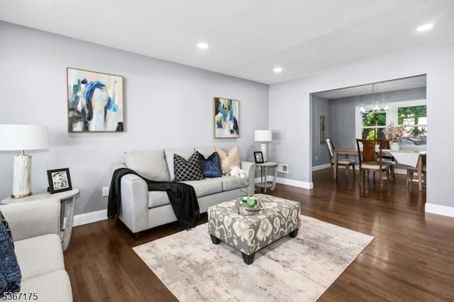 945 Wendy Ct, Union Twp, NJ 07083 - living room featuring dark wood-style flooring, recessed lighting, and a chandelier