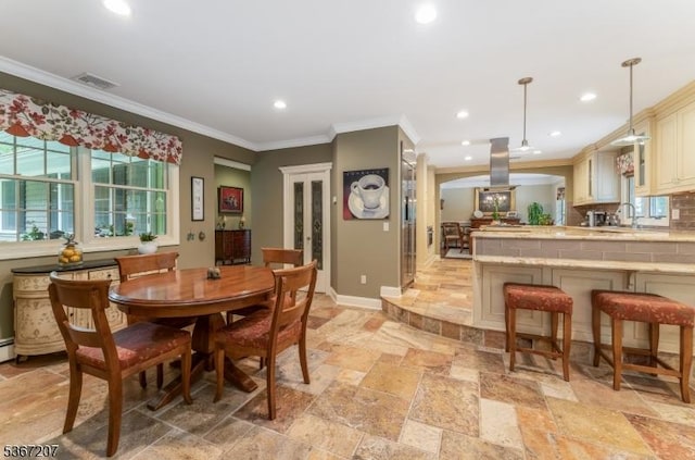 1117 Califon Cokesbury Rd, Lebanon Twp, NJ 08833 - dining space with stone tile flooring, recessed lighting, and crown molding